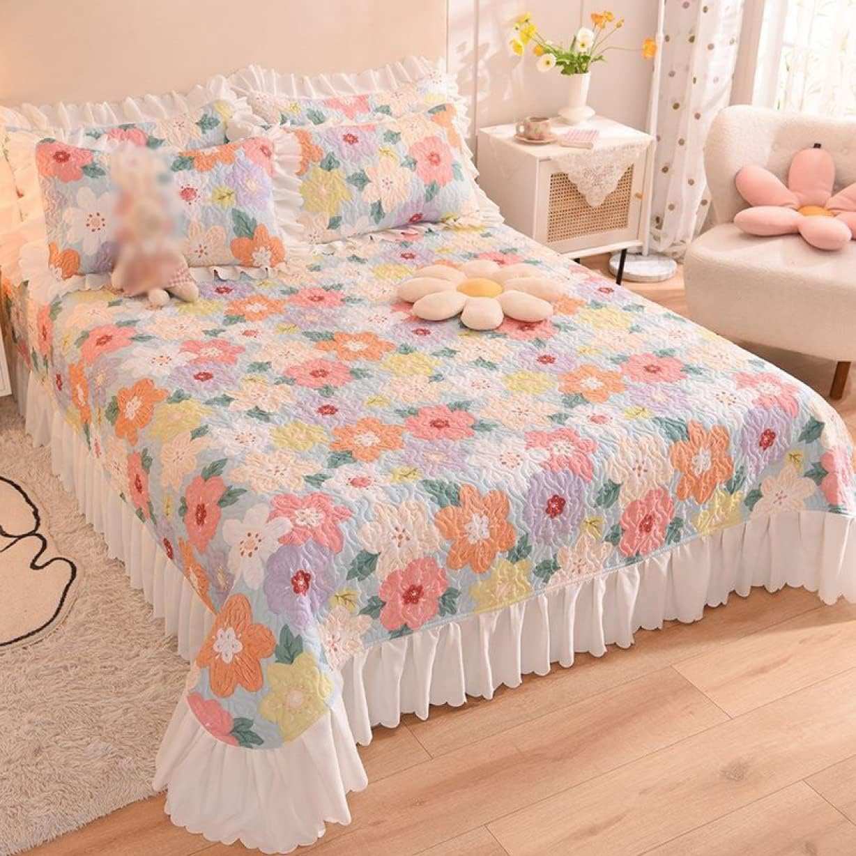 ベッドスカート フリル 3点セット セミダブル タイプ シングル ダブル キング 上品 花柄 水玉柄 ベッドカバー ピロケース ベッドスプレッド ズレ防止ヒモ付き 寝具カバー 洗える 単品 おしゃれ