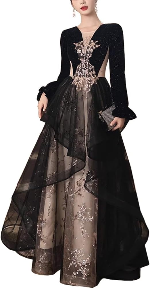 レディース パーティー ドレス ロングドレス イブニングドレス ワンピース フォーマルドレス ファッション エレガント ゴージャス スパンコール 長袖 演奏会 発表会 卒業式 パーティー