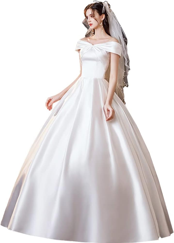 レディース ドレス ワンピース ウェディングドレス 花嫁ワンピース プリンセスワンピース サテンドレス 肩出し 結婚式 バックリボン 演奏会 エレガント フォーマル