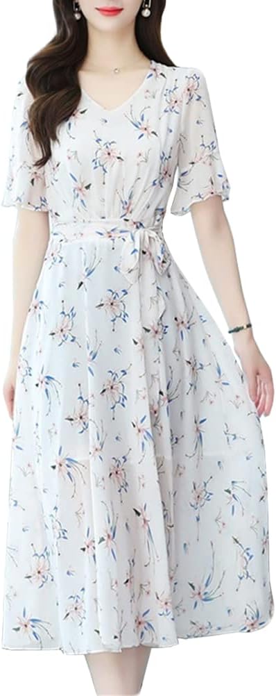 レディース シフォンワンピース ワンピース ドレス 半袖ワンピース 夏服 半袖 Vネック 花柄 カジュアル ファッション エレガント ゆったり 着痩せ 甘い