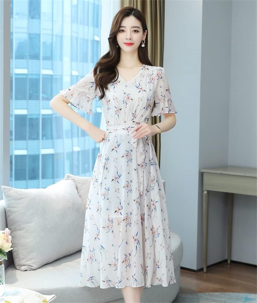 レディース シフォンワンピース ワンピース ドレス 半袖ワンピース 夏服 半袖 Vネック 花柄 カジュアル ファッション エレガント ゆったり 着痩せ 甘い