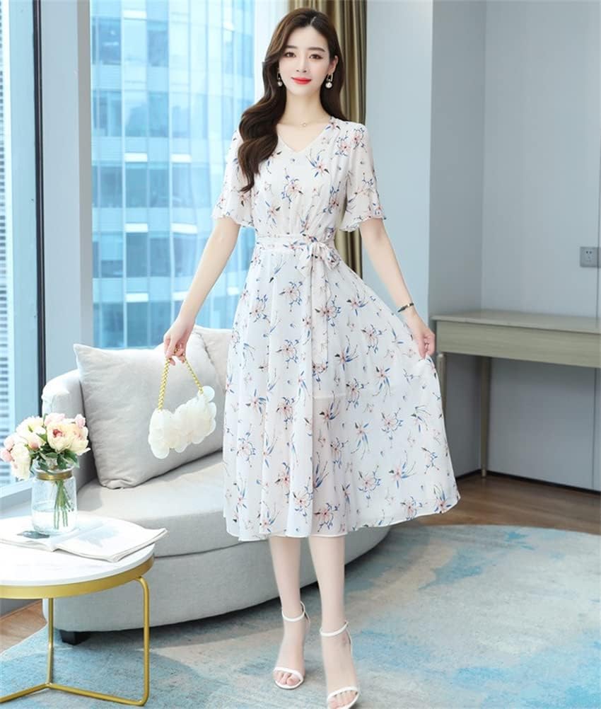 レディース シフォンワンピース ワンピース ドレス 半袖ワンピース 夏服 半袖 Vネック 花柄 カジュアル ファッション エレガント ゆったり 着痩せ 甘い