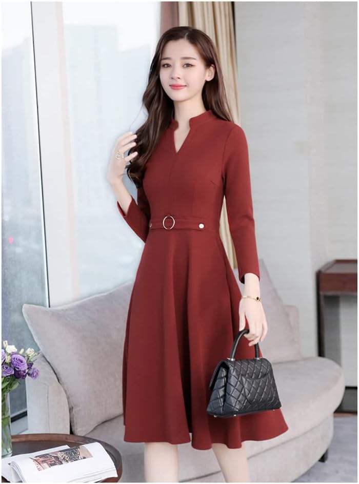 レディース ドレス ワンピース 長袖ワンピース ミモレ丈ワンピース 春服 秋服 長袖 Vネック 膝丈 ファッション フォーマル エレガント 無地 演奏会 パーティー 披露宴 通勤