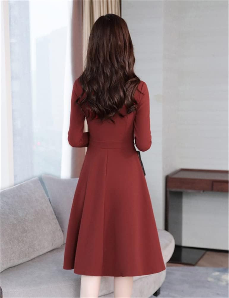 レディース ドレス ワンピース 長袖ワンピース ミモレ丈ワンピース 春服 秋服 長袖 Vネック 膝丈 ファッション フォーマル エレガント 無地 演奏会 パーティー 披露宴 通勤