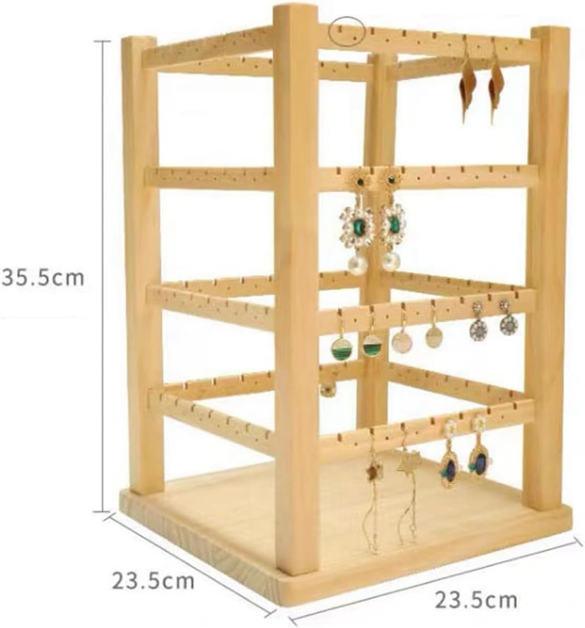 ピアススタンド アクセサリー掛け 23*23*35cm 女性 イヤリング むく材 360°回転式 ネックレス ブレスレット 見せる収納 人気 大容量 省スペース ピアス・イアリング収納 小物トレイ 展