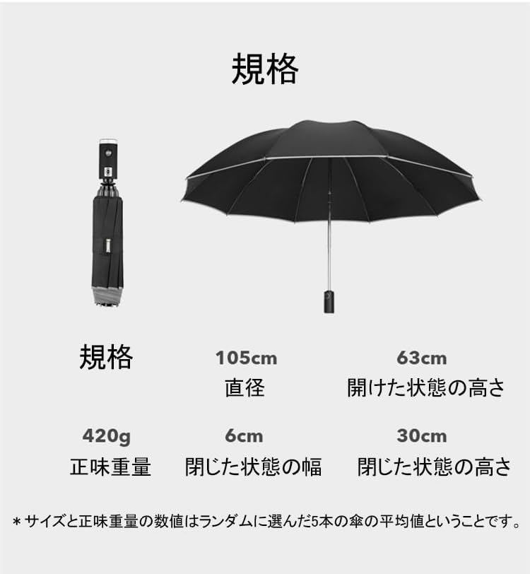 逆さ傘 自動開閉遮熱 反射スト リップ付き LEDライト付き折りたたみ傘 逆転傘 長傘 日傘 大きい ワンタッチ 直径105cm 逆折り式傘 耐風 撥水 UVカット 熱中症対策 日焼け防止 紫外線遮蔽