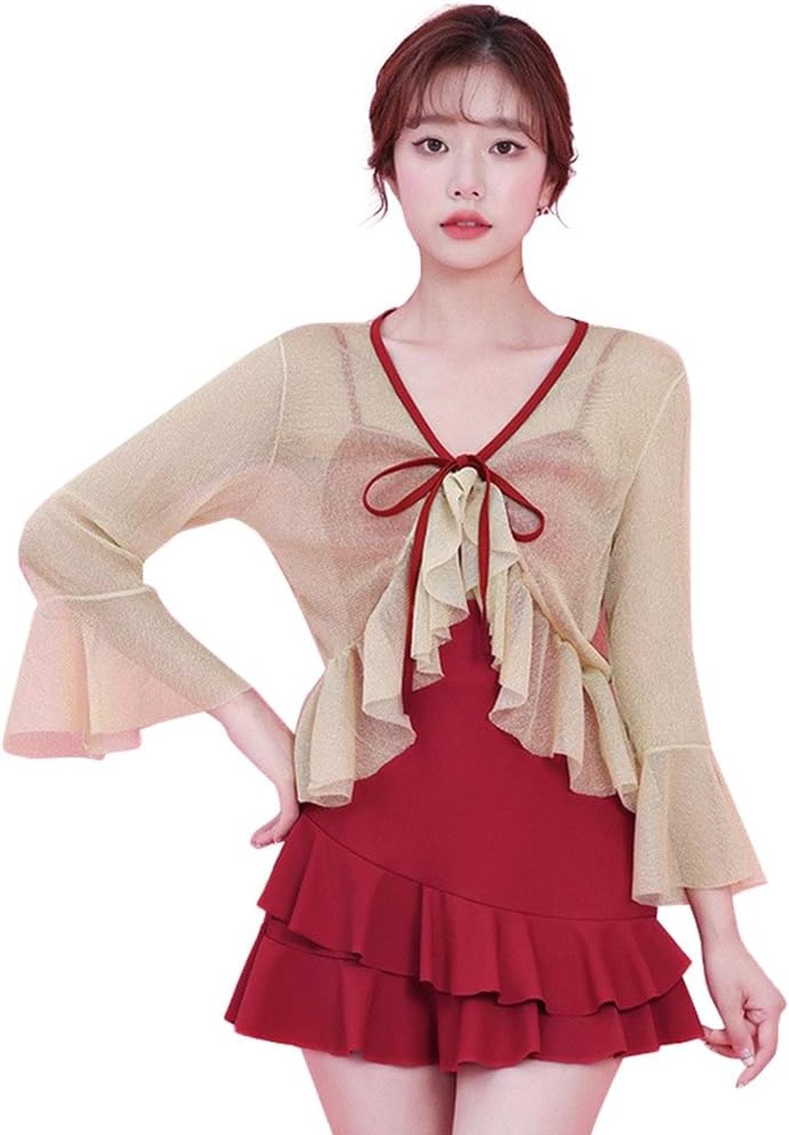 レディース 水着 ワンピース水着 体型カバー 2点セット UVカット 長袖 フリル オーバーウェア ママ水着 みずぎ ぽっちゃり 大きいサイズ おしゃれ 可愛い おしゃれ セクシー カバーアップ水着