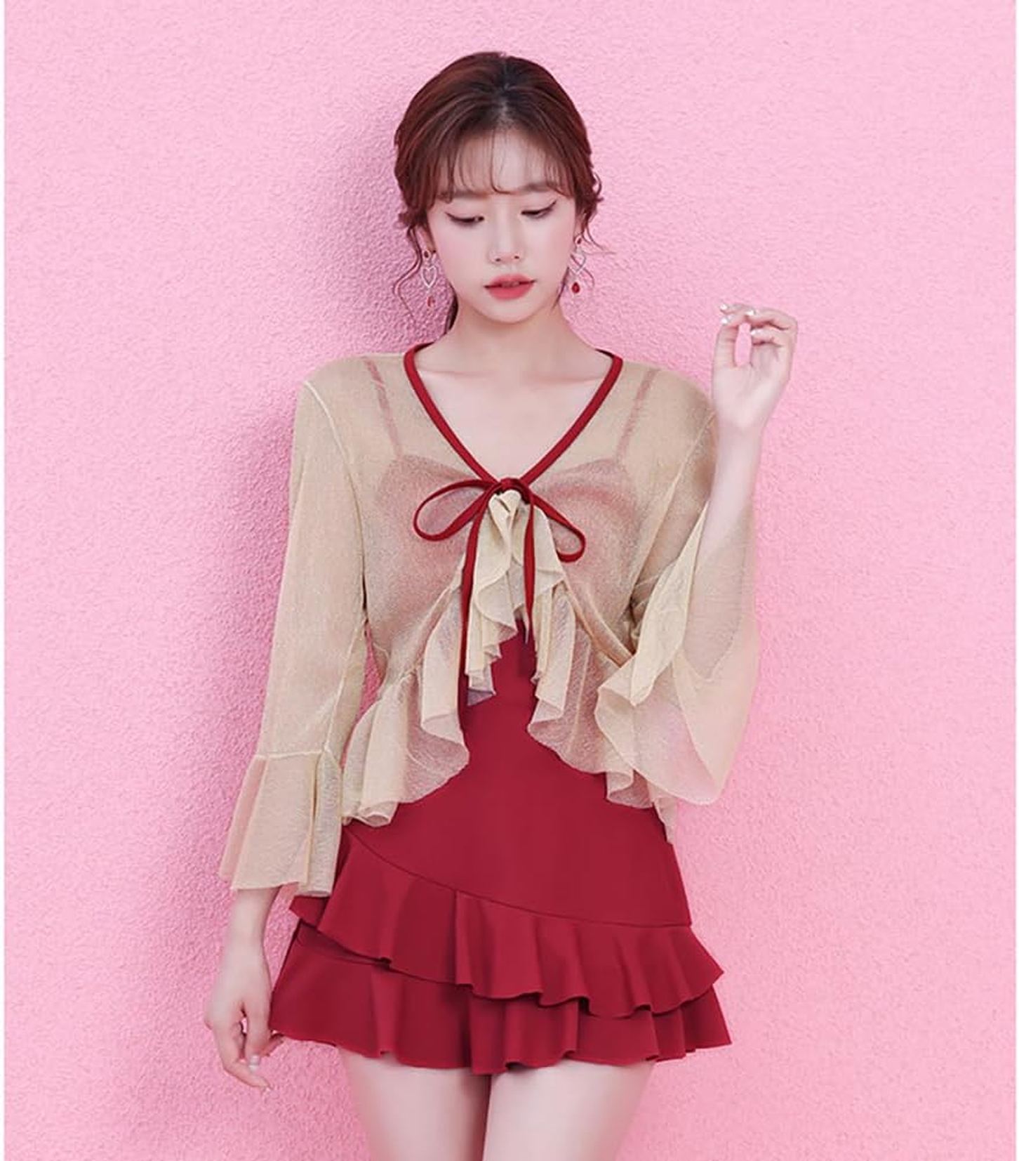 レディース 水着 ワンピース水着 体型カバー 2点セット UVカット 長袖 フリル オーバーウェア ママ水着 みずぎ ぽっちゃり 大きいサイズ おしゃれ 可愛い おしゃれ セクシー カバーアップ水着