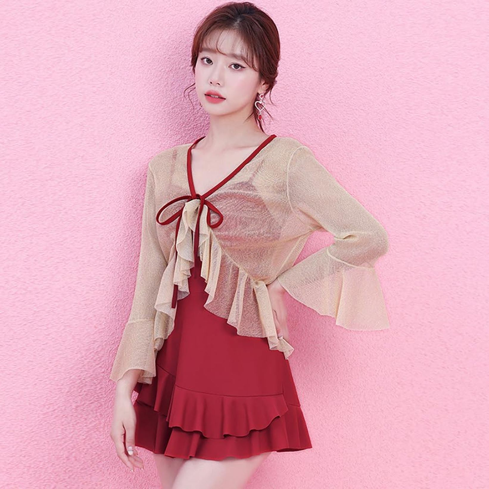 レディース 水着 ワンピース水着 体型カバー 2点セット UVカット 長袖 フリル オーバーウェア ママ水着 みずぎ ぽっちゃり 大きいサイズ おしゃれ 可愛い おしゃれ セクシー カバーアップ水着