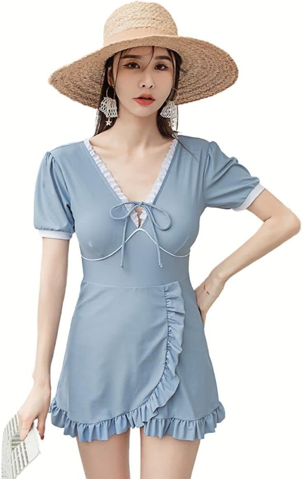 水着 レディース ワンピース みずぎ 体型カバー オールインワン スイムドレス セクシー Vネック 可愛い リボンデザイン 女性 フリル フレア スカート パッド入り 半袖 盛れる 夏 ワイヤーなし
