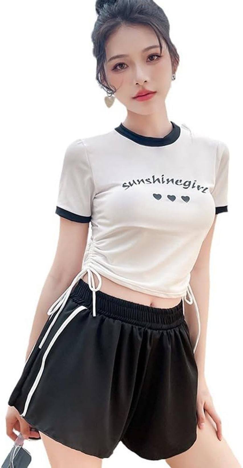 水着Tシャツ ショートパンツ 2点セット レディース 体型カバー タンキニ ショート丈 セパレート 上下セット パット付き フィットネス ラウンドネック 水陸両用 リボン飾り ショツ 速乾性 可愛い