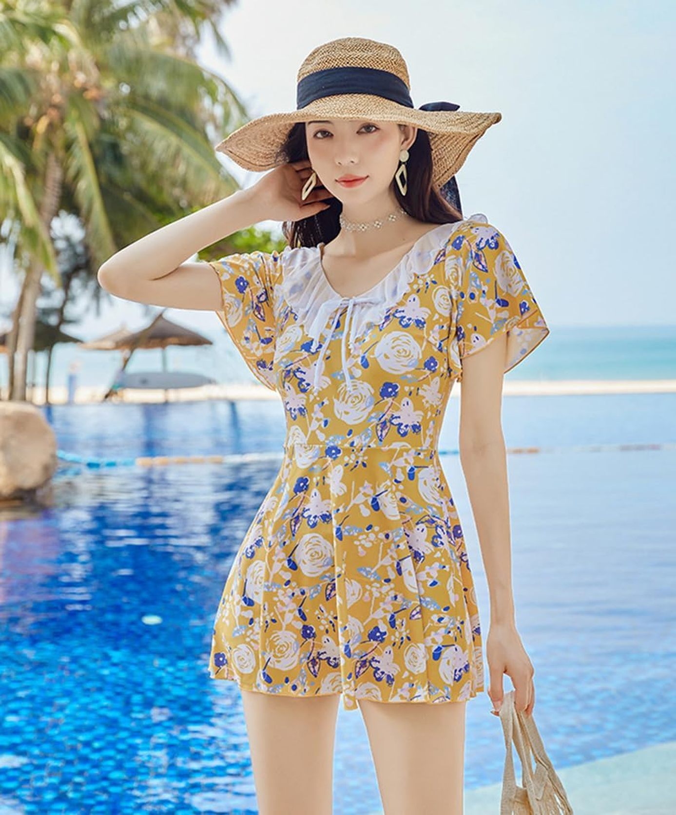ワンピース水着 レディース オールインワン 花柄 薄手 速乾性 パット付き プリーツ 半袖 バスト盛れる 体型カバー リボン飾り 露出控えめ ビーチウエア 通気 可愛い ソフト肌触り 着痩せ セットア