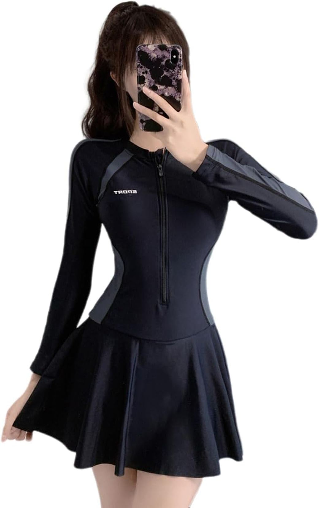 水着 ワンピース レディース 長袖 オールインワン フリル バイカラー 競泳水着 女性用 フィットネス水着 伸縮性 スポーツ水着 前開き スイムウェア ジップアップ 水陸両用 胸パッド付き 体型カバー