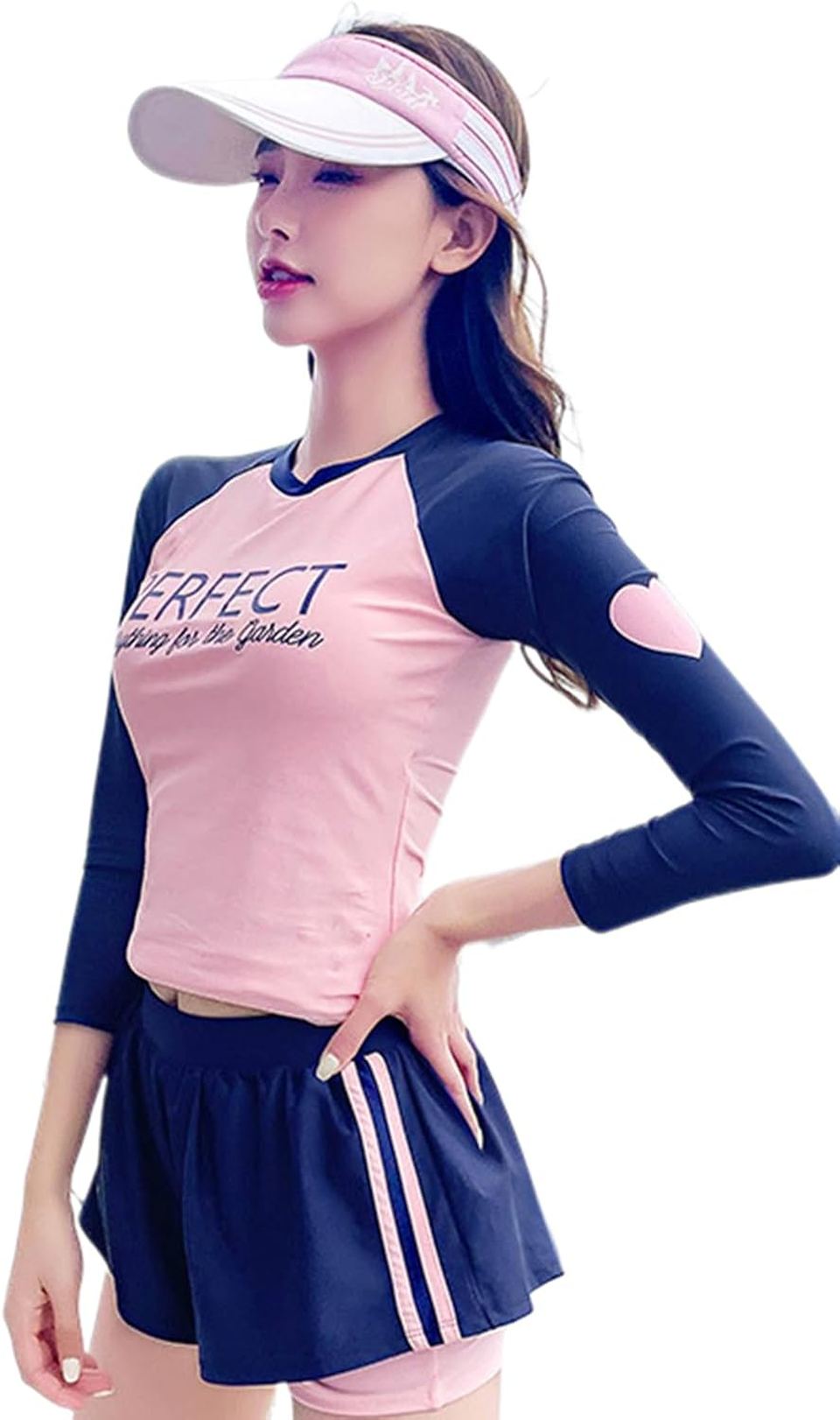 水着シャツ ショートパンツ 2点セット レディース ショート丈 バイカラー 長袖 ソフト肌触り 体型