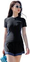水着 レディース フィットネス 前開き セパレート 2点セット 半袖 Tシャツ ショーツ 体型カバー 大きいサイズ タンキニ 練習水着 UVカット 露出控えめ ソフト肌触り スイムウエア 水陸両用 ス