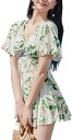 ワンピース水着 レディース Vネック 半袖 フリルスリーブ フレアスカート 葉柄 プリント 可愛い 体型カバー ショートパンツ付き パッド入り オールインワン 水陸両用 露出控えめ(4)