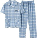 半袖 パジャマ チェック柄 ルームウェア レディース 春 夏 二点セット カジュアル Vネック 前開き 春 夏 秋 ソフト 寝巻き テイラード コットン カジュ...
