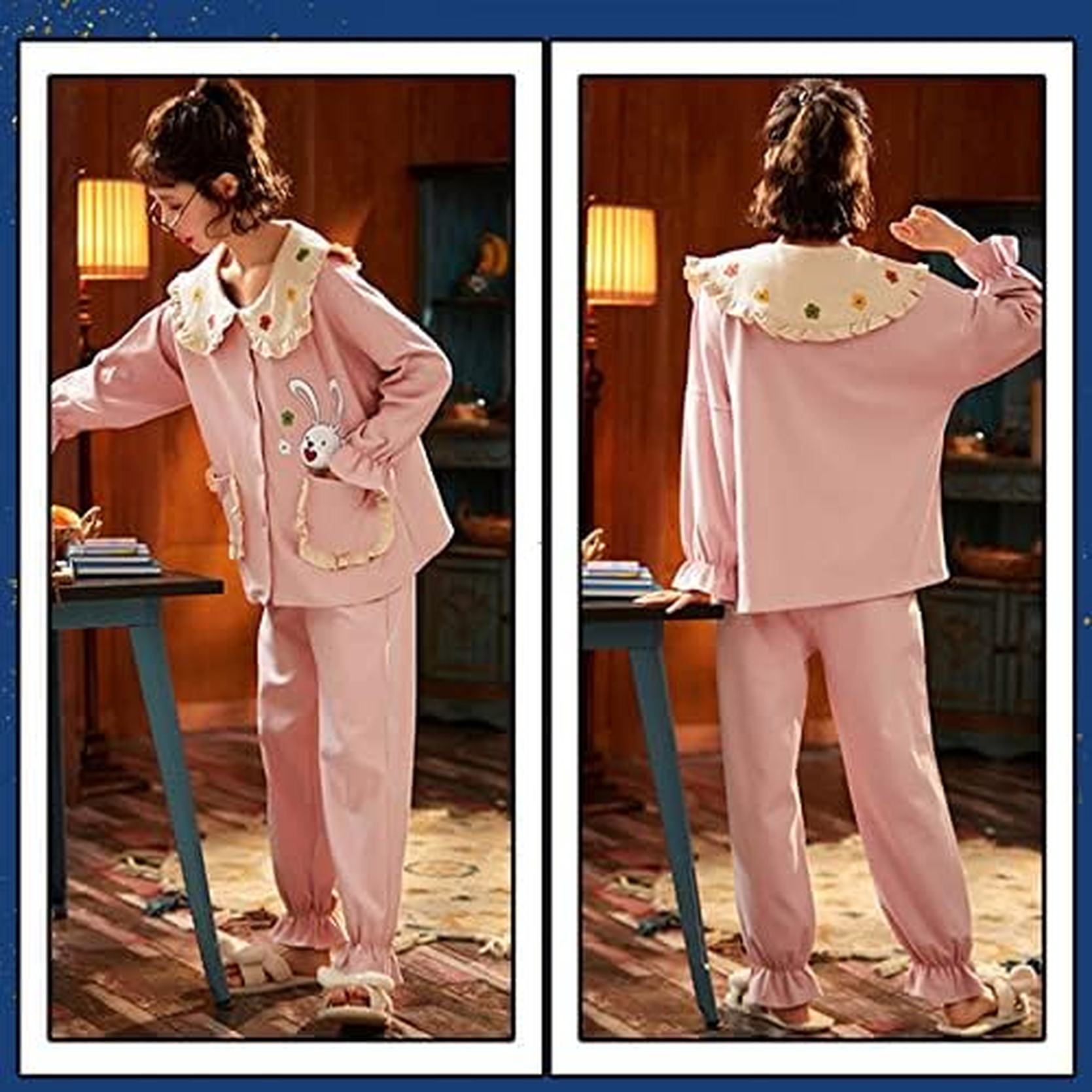 パジャマ レディース ルームウェア 大きいサイズ 可愛い テーラー襟 ラペル 前開き 二点セット 長袖 寝巻き パイピング プリンセススタイル 部屋着 スイート 乙女 姫系 春 ナイトウェア 冬用 M