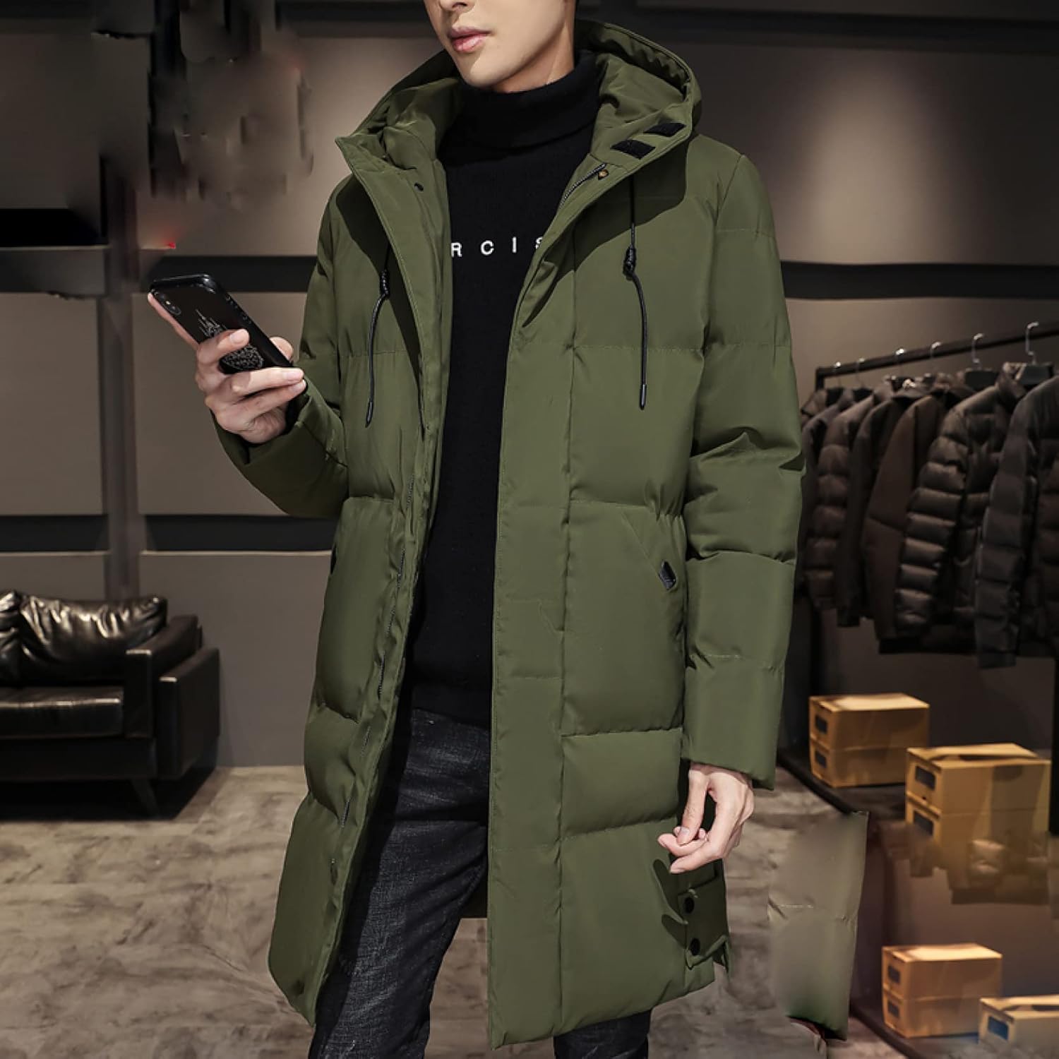 楽天スーパー10%OFF メンズ ダウンジャケット ロングジャケット ダウンコート ダウンアウター ロング丈 ポケット トップス 秋冬 おしゃれ フード付き 開襟 ファッション ゆったり 暖かい 厚手 防寒 あったかい 冬服