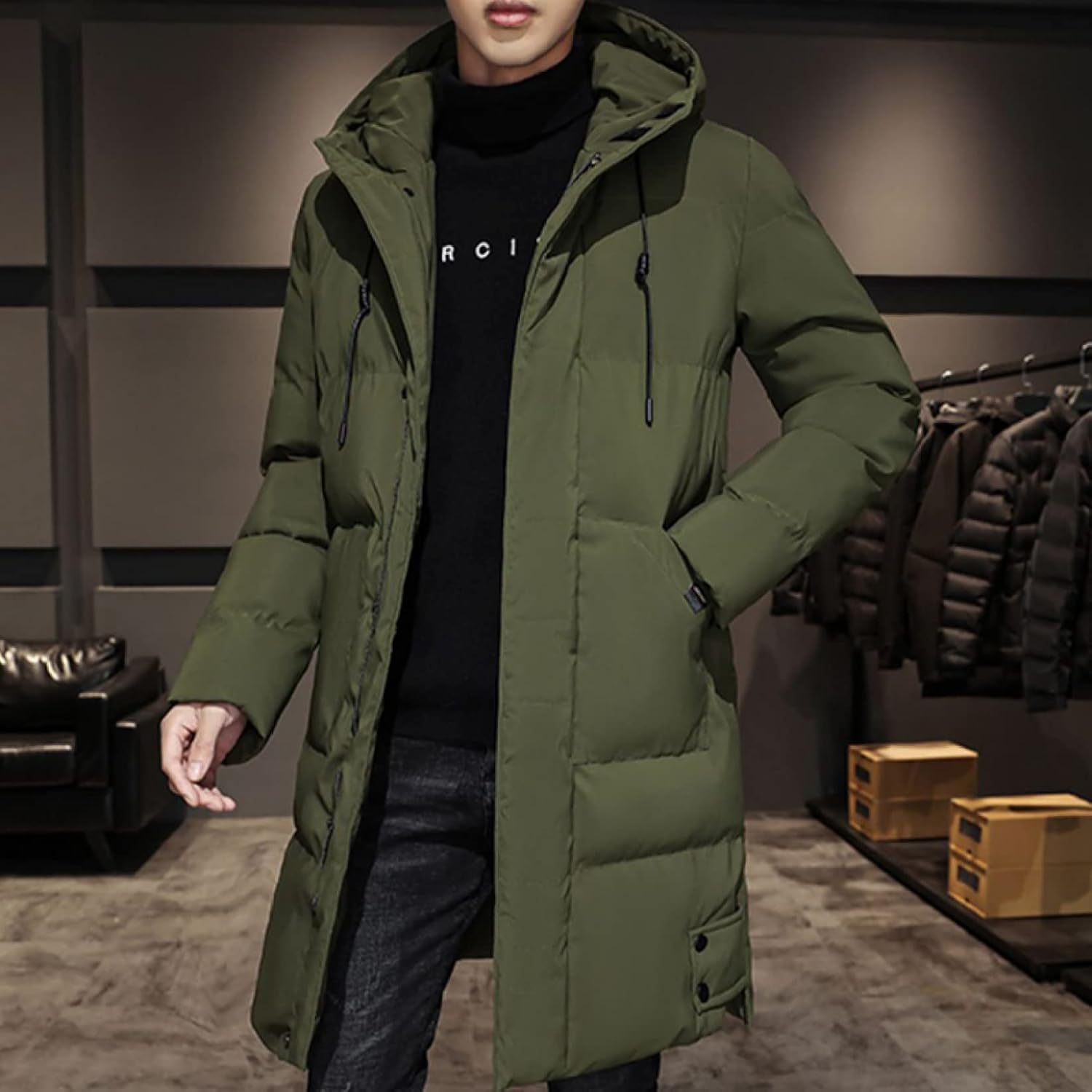 楽天スーパー10%OFF メンズ ダウンジャケット ロングジャケット ダウンコート ダウンアウター ロング丈 ポケット トップス 秋冬 おしゃれ フード付き 開襟 ファッション ゆったり 暖かい 厚手 防寒 あったかい 冬服