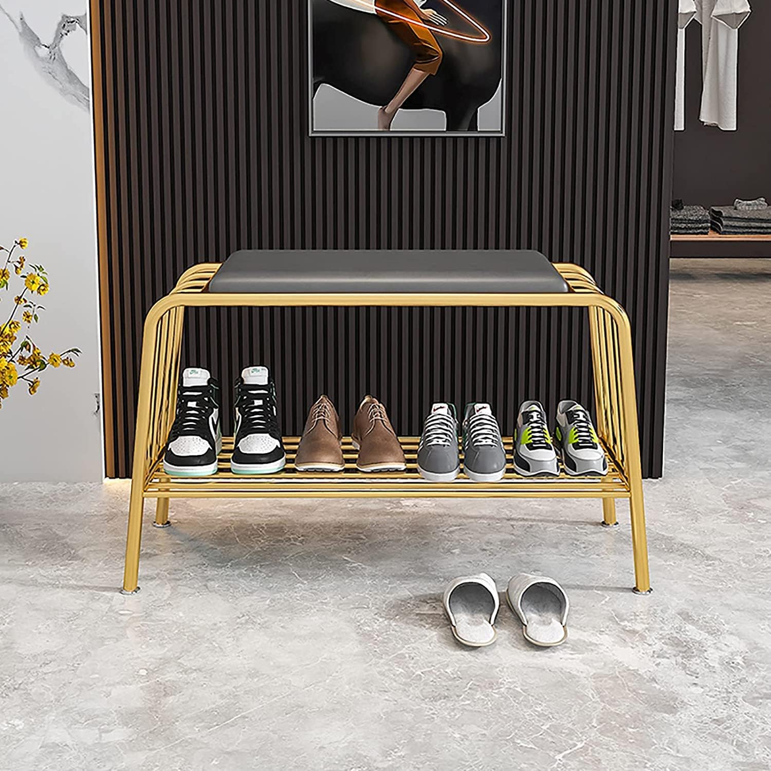 玄関靴ベンチ収納ベンチベッドベンチの端金属靴収納ベンチ廊下、リビングルーム、寝室用の高反発スポンジ付き1段収納靴スツール (色 : ゴールド)