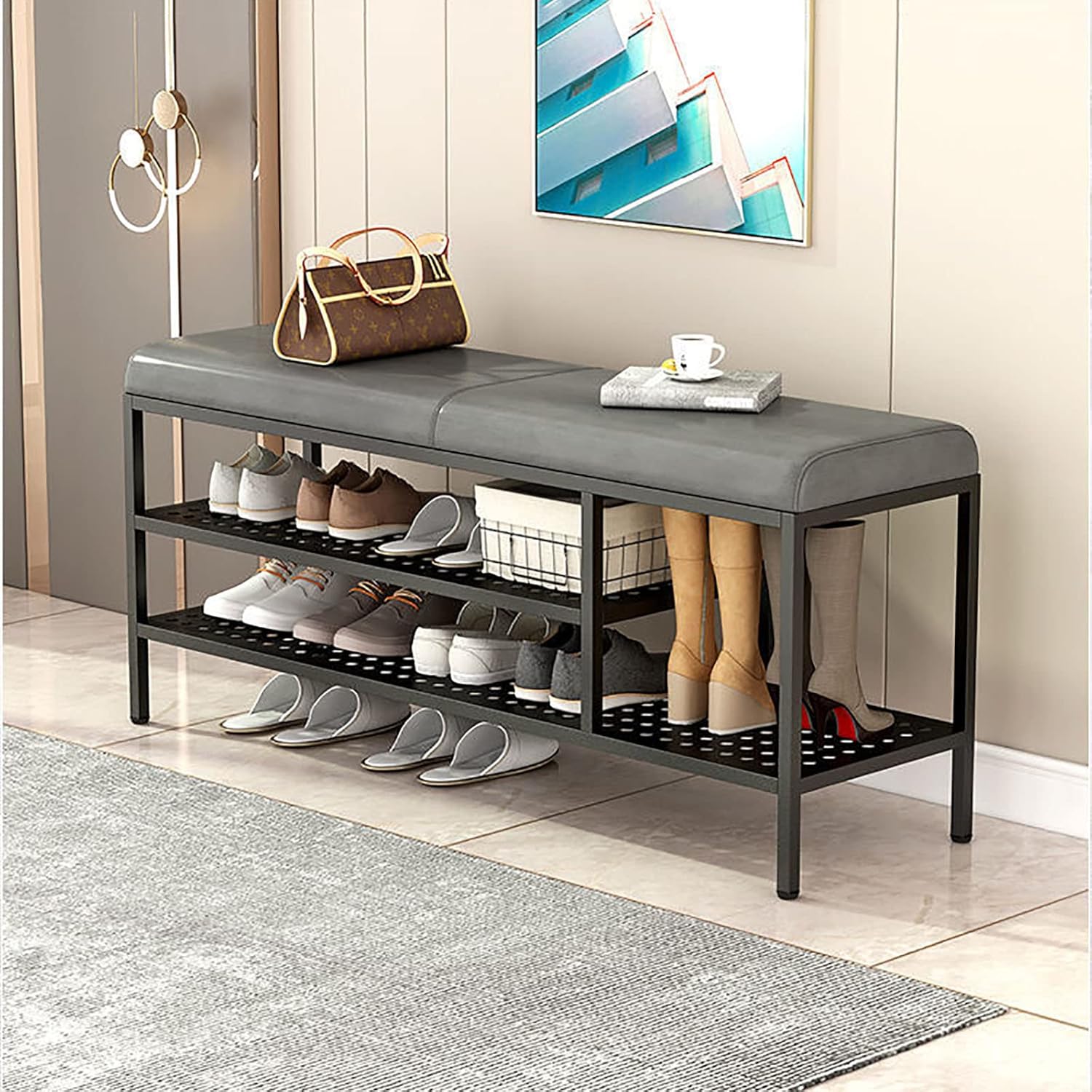 ブーツ収納付きシューズラックベンチ、PU/リネンパッド入りシート付きモダンメタル玄関ベンチシューズベンチ、玄関廊下リビングルーム用メンタルフレームオットマンベンチ D,80*32*47CM