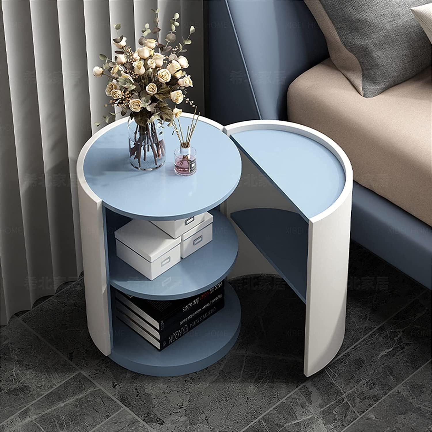 寝室用の北欧のシンプルさベッドサイドテーブル、ドア付きモダンブルーホワイトラウンドナイトスタンドウッド、小さなアパートサイドテーブルベッドサイドキャビネットリビングルーム収納キャビネット40X40X5