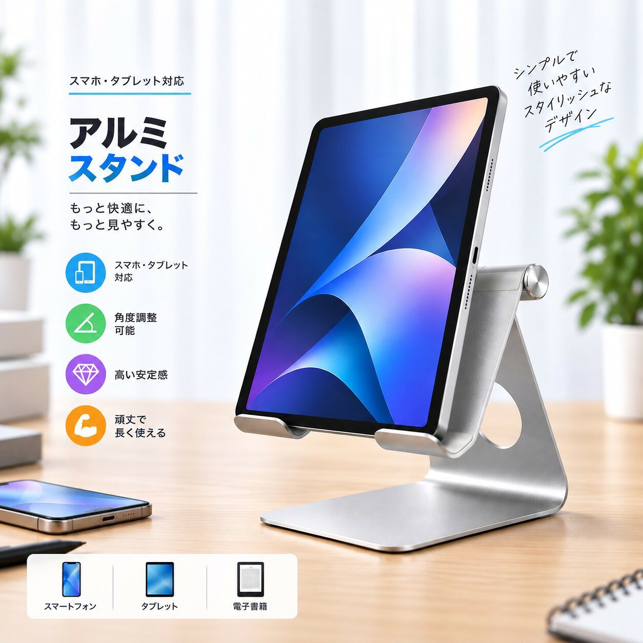 商品情報商品情報■ iPad・スマートフォン・タブレット対応 アルミスタンドスマートフォンやタブレット、ゲーム機など、さまざまなデバイスに対応したアルミ製スタンドです。デスクやテーブルでの動画視聴、ゲーム、オンライン通話、作業など幅広い用途で活用できます。■ 商品の特徴・高品質なアルミニウム素材を採用・角度を270度まで調整可能・充電ケーブルを通せるケーブルホール付き・底面に4つの滑り止め用シリコンパッド付き・安定感のある頑丈な設計・折りたたんでコンパクトに収納可能・持ち運びにも便利■ 対応機種・iPhone対応・iPad対応・iPod対応・Androidスマートフォン・タブレット対応・Nintendo Switch対応■ カラーシルバー■ 使用シーン・動画や映画の視聴・ゲーム・オンライン通話・デスクでの作業・勉強や資料の閲覧・充電しながらの使用■ 商品構成アルミスタンド本体 × 1■ 180日保証商品到着後180日以内に初期不良や商品不具合がございましたら、代品を手配いたします。商品についてご不明な点や不具合などございましたら、お気軽にお問い合わせください。■ ご注意※対応機種はサイズや形状によって異なる場合がございます。※ご使用の端末サイズをご確認のうえお買い求めください。※商品画像はイメージです。※モニターや画面設定などにより、実際の商品と色味が異なって見える場合がございます。※生産時期やロットにより、細部の仕様が若干異なる場合がございます。colorシルバー※注意・・・モニターの発色によって実際のものと色が異なる場合があります。この商品は iPadスタンド 対応 角度調整 折りたたみ アルミ製 タブレットスタンド iPhone対応 スマホスタンド Nintendo Switch対応 270度回転 充電しながら使用可能 滑り止め 安定 卓上 軽量 コンパクト 持ち運び シルバー ポイントiPadやiPhone、タブレットなどに使えるアルミ製スタンド！角度を270度まで調整でき、充電しながら動画視聴や作業にも便利。折りたたみ式で持ち運びにもおすすめです。 タブレット・スマホ等幅広く使えます♪ 頑丈な作りで、幅広いジャンルのデバイスに対応しております。 ショップからのメッセージ こんにちは！店長のマエカワです！当店はどこよりもお安く、どこよりも早くお届けすることをモットーにしております♪商品に初期不良などございましたら、180日間返品保証サービスもついております。その他ご不明点等ございましたらお気軽にご連絡くださいませ！！ 納期について 基本的に翌日発送させていただきます。4