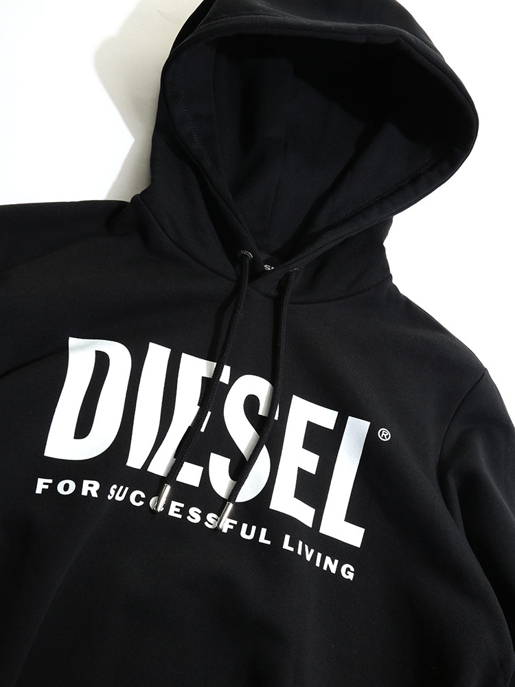 DIESEL (ディーゼル) 綿100％ ロゴプリント プルオーバー スウェット パーカー BLACKブランド メンズ 男性 トップス パーカー プルパーカー 裏毛 プリント スエット ストリート コットン DSSAQJBAWT