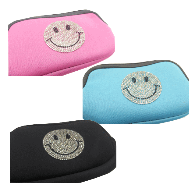 ちょこっと小さめサイズキラキラストーンでニコちゃんスマイルをデザイン軽量で丈夫なネオプレン素材小物入れ、小銭入れ、カード、ペンケースなどなど多機能ネオプレンキラキラスマイル小物入れ