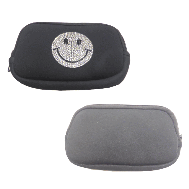 ちょこっと小さめサイズキラキラストーンでニコちゃんスマイルをデザイン軽量で丈夫なネオプレン素材小物入れ、小銭入れ、カード、ペンケースなどなど多機能ネオプレンキラキラスマイル小物入れ