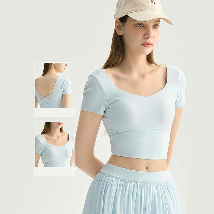 シーリングShop 楽天市場店のおしゃれ ヨガウェア バッククロス ヨガトップス ピラティストップス 半袖 Tシャツ パッド付き 可愛い バレエ風 タンクトップ メッシュ レディース ショート丈 ブラトップス トップス カップ付き ジムウェア｜アングル3