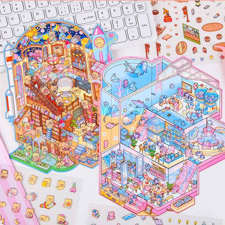 シーンシール 3枚セット 造景シール 3d 3D シール ジオラマ2.5Dシール 紙ミニチュア模型 大きいサイズ ステッカー 立体 3枚セット シーンシール 可愛い ストレス解消 紙 ドールハウス おもちゃ コラージュ素材