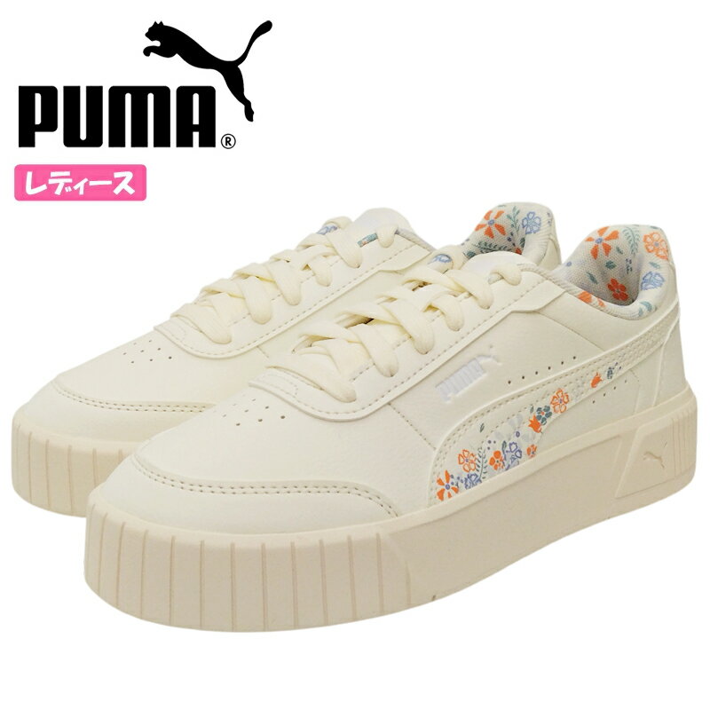 Rakuten - プーマ Carina Mia Flower キャリーナ ミア フラワー レディース ジュニア ローカットスニーカー コートタイプ レースアップ 紐靴 厚底 合皮 花柄 スポーティ カジュアルシューズ PUMA ウォームホワイト(01) 407393