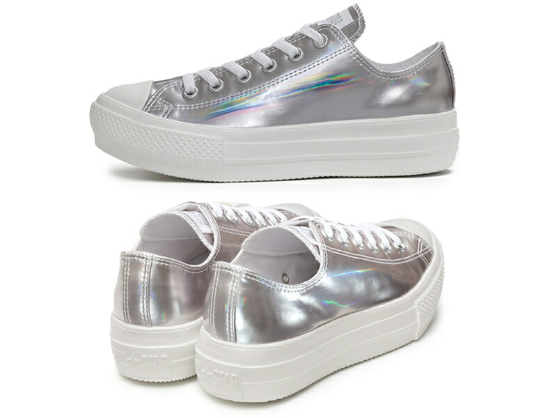 【9月はエントリーで全品P10倍】CONVERSE コンバース ALL STAR LIGHT PLTS HOLOGRAM OX レディース ジュニア ローカットスニーカー シルバー/ブラック チャックテイラー 軽量 レースアップ 紐靴 虹色 光沢 厚底 カジュアル オールスター ライト PLTS ホログラム OX