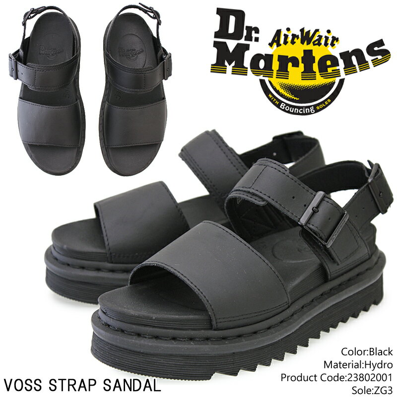 【Dr.Martens】ドクターマーチン VOSS STRAP SANDAL チルトン ヴォス ストラップサンダル 23802001 BLACK ブラック レディース/レザーシューズ/ZEBRILUS/2本ベルト/シャークソール/厚底/Y字ストラップ/太ベルト/HYDRO LEATHER/黒/人気/【20%OFF】【送料無料】