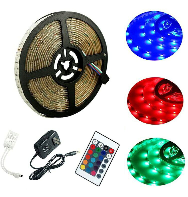 LEDテープライト RGB リモコン AC電源付 12V 5M 3528SMD 白ベース 300連 防水 切断...