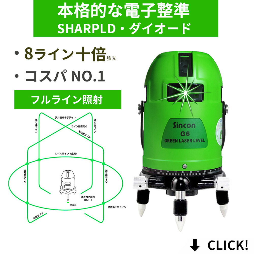 フルライン グリーン レーザー 墨出し器 水平全方位 緑青光 8ラインシャープ製発光管 高級電子整準 墨だし レベル 墨だし器 測定器 4方向大矩 自動補正高精度 高輝度 屋外受光器モデル 垂直 水平 地墨点 日本語説明書 Model-G6