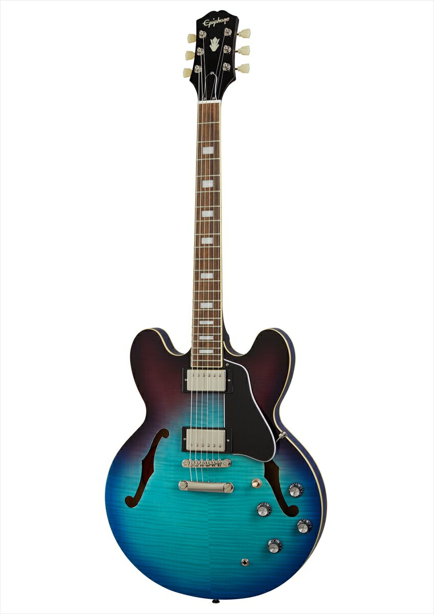 伝説のES-335をベースにフレイム・トップ仕様で登場！エピフォン "Inspired by Gibson" ES-335 Figuredが不朽のギブソンES-335モデルに敬意を表し登場します。ギブソンES-335といえば、薄型ボディのセミホロー・アーチトップ構造のギターの先駆けであり、ロックの隆盛期にアーチトップ・モデルを一般化させた高い功績を誇ります。 更なるサスティンと高いハウリング耐性を発揮するソリッド・メイプル・センター・ブロック、アルニコ・クラシックPROハムバッカー、グローバー・ロトマチックチューナー、フレイム・メイプルの化粧板が張られたトップとバックなど充実した仕様を誇ります。BodyBody Shape：ES-335Body Material：Layered Maple, AAA Flame VeneerTop：Layered Maple, AAA Flame VeneerBack：Layered Maple, AAA Flame VeneerSide：Layered MapleCenterblock：MapleBinding：Single ply cream - top, back and fretboardBody Finish：GlossNeckNeck Material：MahoganyProfile：Rounded "C"Scale Length：628 mm / 24.72 inFingerboard Material：Indian LaurelFingerboard Radius：305 mm / 12.01 inFret Count：22Frets：Medium JumboNut Material：Graph Tech NuBoneNut Width：43 mm / 1.69 inEnd Of Board Width：56.88 mm / 2.24 inInlays：Small BlockJoint：Glued-In, Set NeckHardwareFinish：NickelBridge：Epiphone LockTone Tune-O-MaticTailpiece：Epiphone LockTone Stop BarTuning Machines：Epiphone DeluxePickguard：Gibson ES-335 Shape, Black, 5-plyTruss Rod：Dual ActionTruss Rod Cover：2-ply BellControl Knobs：Black Top Hat knobs with metal insertsSwitch Tip：CreamSwitchwasher：NoneJack Plate Cover：NoneStrap Buttons：2 - bottom and heelMounting Rings：BlackPickup Covers：NickelElectronicsNeck Pickup：Alnico Classic PRO NeckBridge Pickup：Alnico Classic PRO BridgeControls：2 Volume, 2 Tone, CTS potentiometersPickup Selector：3-way Epiphone toggleOutput Jack：Heavy Duty Epiphone 1/4" output jackStrings Gauge：.010, .013, .017, .026, .036, .046付属品：ソフトケース、保証書