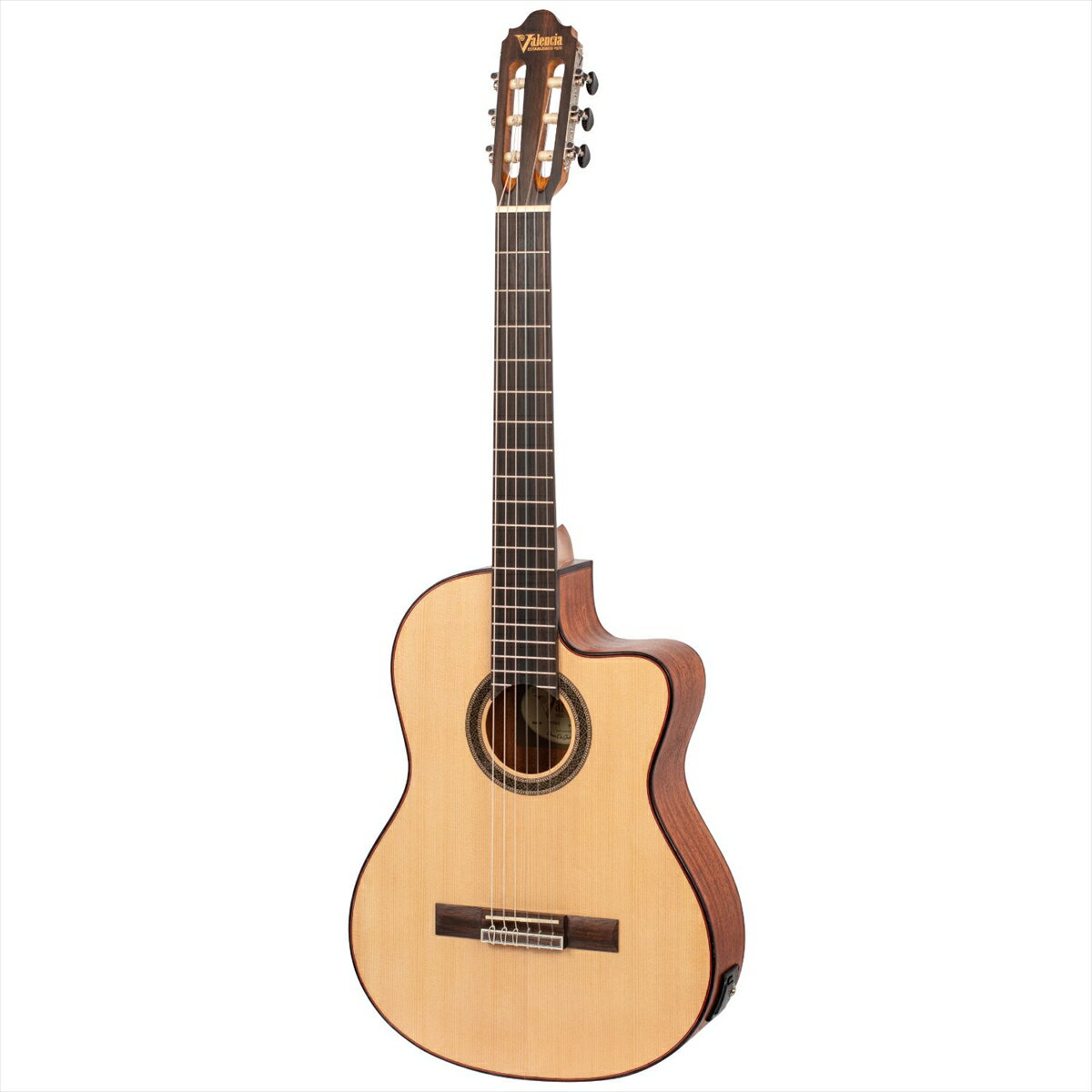 50周年を迎えたValenciaが送る　本気の"逸"本(いっぽん)広いダイナミックレンジを持ち他にはない演奏体験を提供する極上のクラシックギターを作るべく開発された本気の”逸”本(いっぽん)です。ソリッド・シトカスプルース・トップと革新的なToneFlowブレイシングにより、あなたのプレイングニュアンスを忠実に再現する高い反応性を実現。プレミアムマホガニーバック＆サイドによる、中低域の豊かな響き。プレミアム・マホガニー・ネックとアマラ・エボニー・フィンガーボードが絶妙なプレイアビリティを実現します。また、天然木モザイクロゼッタ、カスタムデコレーションマシンヘッドなど、ルックス、トーン、フィールともに期待以上のナイロンギターに仕上がっています。カッタウェイのエレクトリックアコースティックモデルVC704CEは、バレンシアの3バンドEQプリアンプシステムを内蔵し、演奏のニュアンスまで拾い上げるプラグイン・サウンドを実現します。また、チューナーも内蔵しており、常にベストな状態で演奏することができます。■ToneFlowブレイシングとは数年の開発期間を経て完成した独自のブレイシング構造です。 力木自体に穴を開けることで軽量化を実現、ボディ材の鳴りが阻害されにくいため反応良く豊かに鳴ります。 また、ボディ材との接着面積は従来と変わらないため強度は維持しています。Specトップ：ソリッドシトカスプルースブレイシング：ToneFlow スパニッシュファンバック&サイド：プレミアムマホガニー(アーチバック)トップバインディング：ローズウッド &#8211; 4 Plyサイドバインディング：ローズウッド&#8211; 3 Plyバックセンターストリップ：ローズウッド &#8211; 5 Plyネックプ：レミアムマホガニー/アマラエボニーストリップフィンガーボード：アマラエボニートラスロッド：2way(4/4 サイズのみ)フレット：19、 ニッケル(12Fジョイント)ナット：Graph Tech NuBoneブリッジ：アマラエボニーサドル：Graph Tech NuBone XBロゼッタ：Natural Wood Mosaic糸巻き：Valencia Custom Decorated Diecast; Nickel Plated with Satin Black Buttonsピックアップシステム：Valencia 3-Band EQ Preamp with Chromatic Tunerスケール：4/4 = 650mm (25 5/8”)　ナット幅：4/4 = 52mm (2 1/16”)フィニッシュ：サテン付属品：ギグバッグ