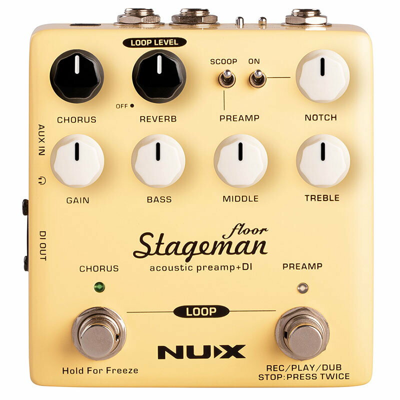 Stageman Floor (NAP-5)デジタルエフェクトと60秒のルーパー機能を備えたアナログアコースティックプリアンプ。3バンドEQ（MIDスクープトグルスイッチ付）、ノッチフィルター、インプットゲインコントロールを搭載し、圧倒的なヘッドルームとナチュラルなサウンドを提供します。■特長・1つのノブで複数のパラメーターがバランスよく調整されるコーラス、リバーブを搭載。コーラスフットスイッチを押し続ける事でフリーズ機能も使用できます。・ゲインと3バンドEQを備え、使用するアンプやギター、演奏スタイルに応じて好みのサウンドに調整。ハウリングやノイズが発生した際に、ノッチフィルターを使用して共振周波数をカットし、ステージでの演奏をより快適にする事もできます。・ピエゾ/マグネティックピックアップスイッチを切り替える事でピックアップのタイプに合わせてプリアンプへの入力を最適化し、より良い信号入力を行います。・INSERT（SEND/RETURN）ジャックを搭載。TRS Yケーブル（別売）を使用して他のエフェクターの接続も可能です。（PREAMP → INSERT → CHORUS → REVERB）・60秒のルーパー機能を搭載。・1/4” アウトプットに加え、XLR DI アウトプット、ヘッドフォンアウトを搭載。AUX IN も備え、音楽と一緒に演奏する事も可能です。Input Impedance: 1MΩ (MAGNETIC), 4.7MΩ (PIEZO)Send Impedance: 1kΩ, Return Impedance: 1MΩSampling Rate: 44.1kHzA/D Converter: 32bitSignal Processing: 32bitFrequency Response: 20Hz~20kHz - ±1dBNoise Level: -110dBu (A-Weighting)Dynamic Range: 120dBCurrent Draw: 180mAEQ: TREBLE ±10dB @15kHz, MIDDLE ±10dB @1.8kHz, BASS ±10dB @80HzPower: 9V DC (センターマイナス, NUX ACD-006Aをお勧めします)Dimensions: 105(L) x 115(W) x 58(H) mmWeight: 445 g