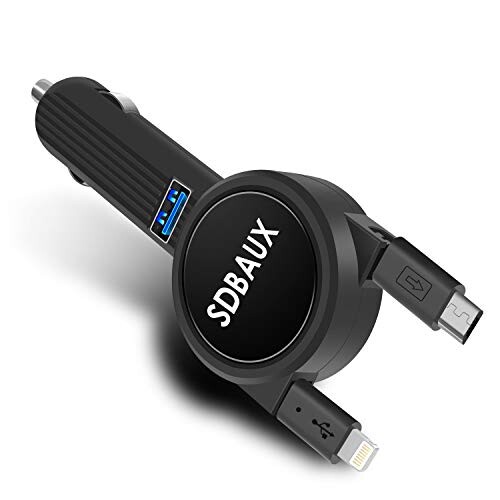 SDBAUXシガーソケットカーチャージャーライトニング&Micro USB巻き取りケーブル70cm USB1ポート急速充..