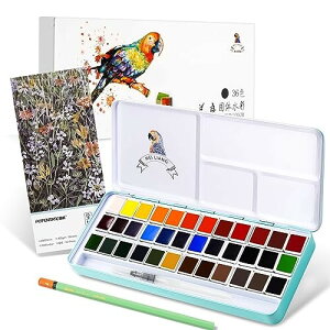MeiLiang水彩絵の具セット、ポータブルボックスに36色と水彩ジャーナル20シート7.6 "X 5.3"、1PC HBデッサン鉛筆、絵画用画材、旅行のためのかなり水彩セット