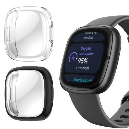 WUWOCJ 2枚入りケース 対応Fitbit Versa 4 / Sense 2スマートウォッチ 全面保護 TPU メッキ タッチ感度いい 落下防止 耐衝撃性 保護カバー (黒/透明)