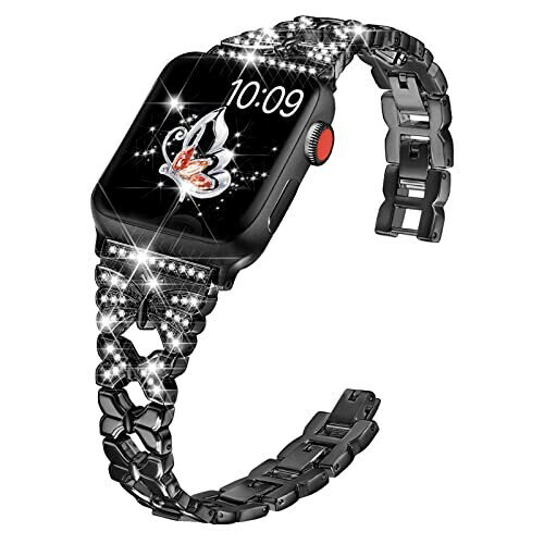 互換 Apple Watch バンド ステンレス アップルウォッチ ベルト レディース series9/8/7/6/5/4/3/2/1/SE対応 アップルウォッチバンド 蝶ネクタイの形 ダイヤモンド キラキラ ブラック 42mm/44mm…