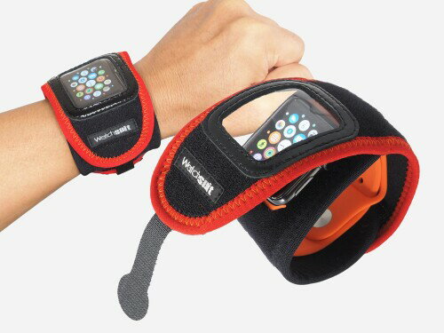 Watch suit VIEW黒／赤はApplewatch スマートウォッチを5秒で簡単装着する保護プロテクターです。透明保護フイルムの上から画面の操作可能なソフトカバー。伸縮性と通気性があり仕事やス