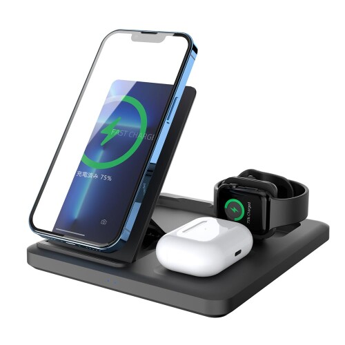 ワイヤレス充電器 折り畳み式 3in1 15W Qi急速充電 ワイヤレス充電器 スマホスタンド機能 置くだけ充電 コンパクトサイズ 持ち運び ワイヤレスイヤホン/iPhone/samsung/Sony/Galaxy/iWatch 各機種対