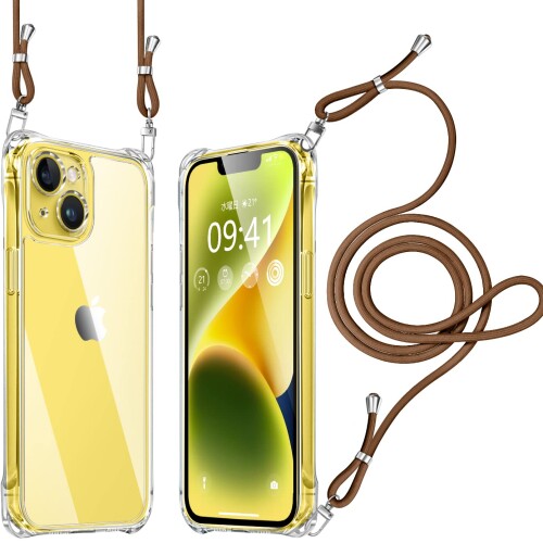 Zodiac - iPhone 14 ケース クリア ショルダー 耐衝撃 レンズ保護 肩掛け 首かけ 斜めがけ 縄掛け カバー 調節可能な 透明 落下防止 縦/横 紛失防止 2WAY （ブラウン）