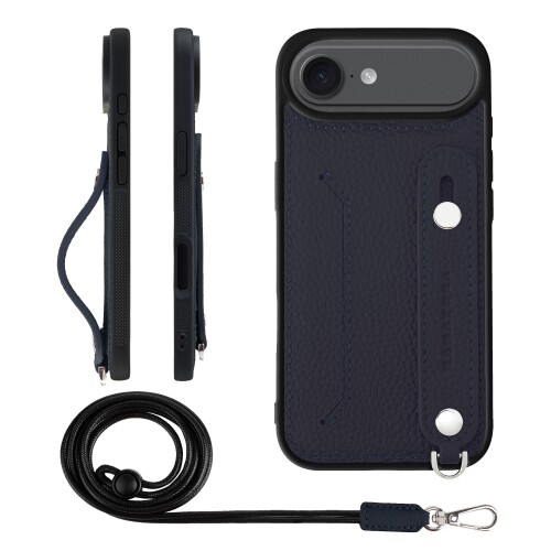 HANATORA for iPhone 17Air ケース 本革 耐衝撃 背面ベルト ストラップリング スマホケース スマホ スタンド機能 ネックストラップ 付き カードポケット シュリンクレザー ギフト ネイビー CGHGZ-