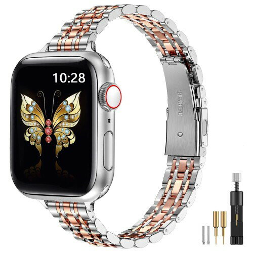 Apple の腕時計のバンド 42 の mm 44 の mm 45 の mm と互換性がある MioHHR の細いバンド女性のための薄いステンレス鋼の金属の鎖の革紐 iWatch のバンド シリーズ 8 7 6 5 4 3 2 1 SE 銀/ロ…
